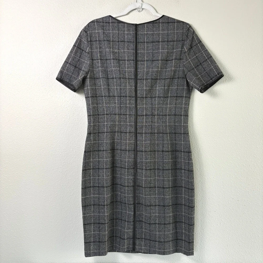 Tahari Sheath Dress Womens 12‎ Grey Plaid Faux Leather Trim Short Sleeve Office